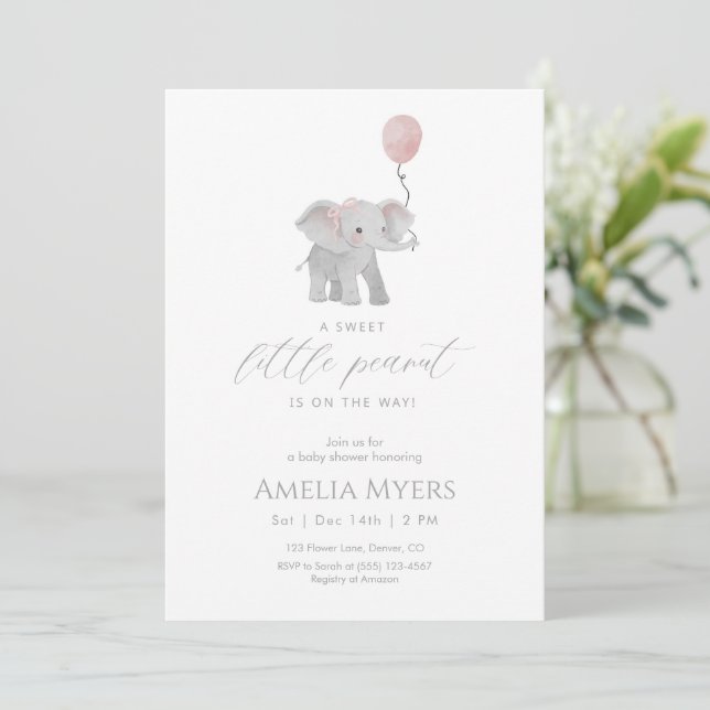 Invitation à la baby shower éléphant rose (Debout devant)