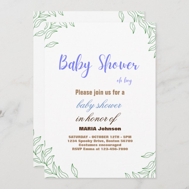 Invitation à la baby shower Eucalyptus Oh Boy (Devant / Derrière)