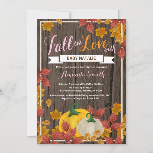 Invitation à la baby shower fille automne rustique (Devant)