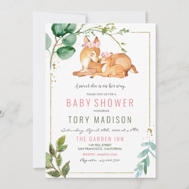 Invitation à la baby shower Fille Cerf (Devant)