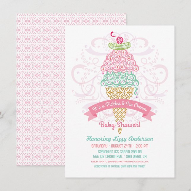 Invitation à la Baby Shower Fille Cornichons et Cr (Devant / Derrière)