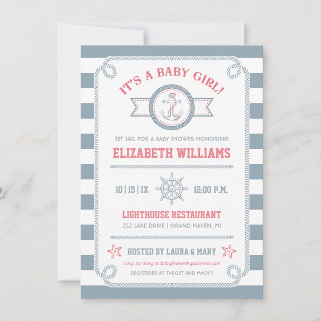 Invitation à la baby shower fille grise et rose su (Devant)