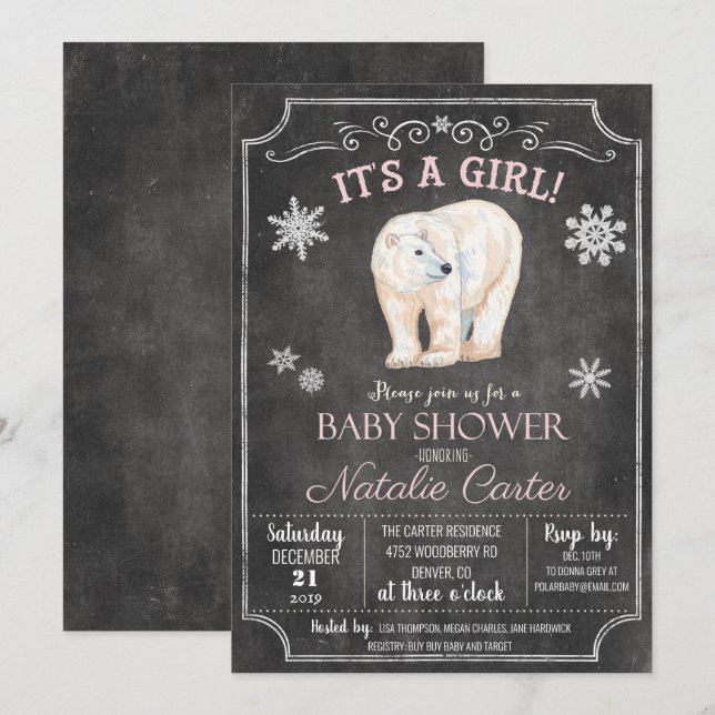 Invitation à la baby shower fille ours polaire (Devant / Derrière)