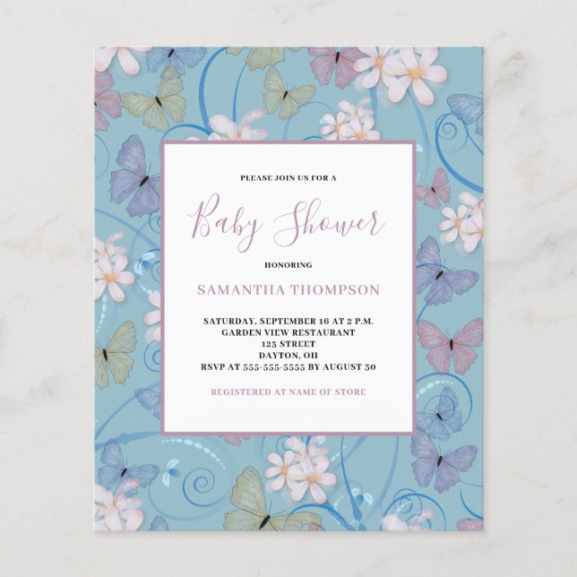 Invitation à la baby shower Fille Papillon Économi (Devant)
