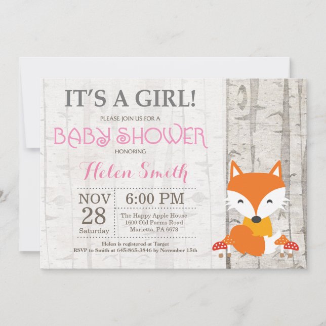 Invitation à la baby shower Fille Renard Rustique  (Devant)