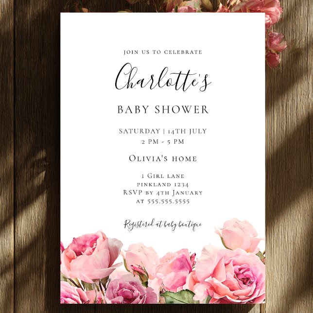 Invitation à la baby shower Fille Rose Rose (Créateur téléchargé)