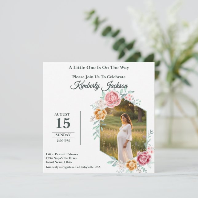 Invitation à la baby shower Floral Hexagon (Debout devant)