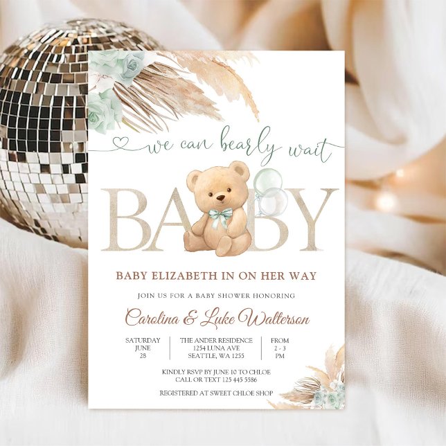 Invitation à la baby shower florale avec ours en p (Créateur téléchargé)