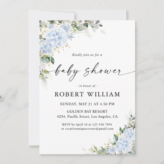 Invitation à la baby shower florale Hydrangea Bleu (Devant)