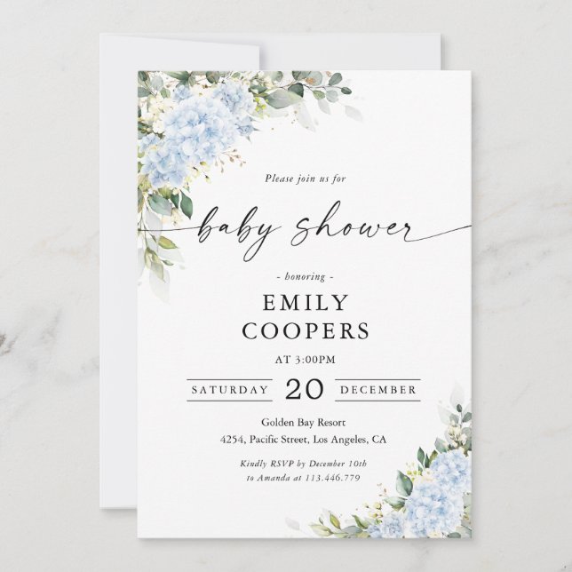 Invitation à la baby shower florale Hydrangea Bleu (Devant)