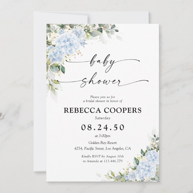 Invitation à la baby shower florale Hydrangea Bleu (Devant)