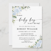 Invitation à la baby shower florale Hydrangea Bleu