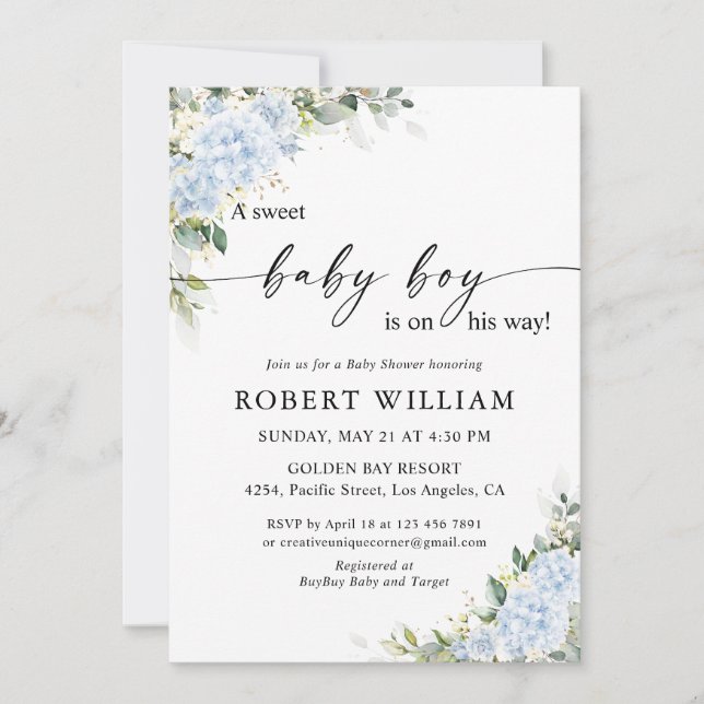 Invitation à la baby shower florale Hydrangea Bleu (Devant)