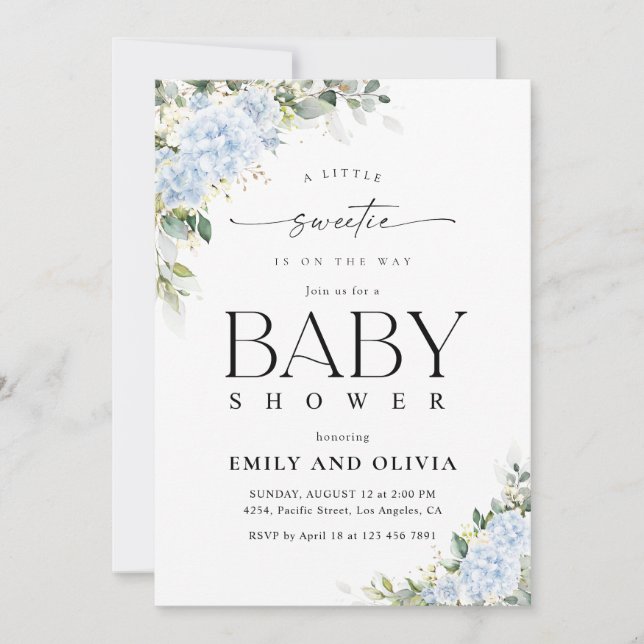 Invitation à la baby shower florale Hydrangea Bleu (Devant)