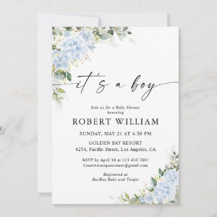 Invitation à la baby shower florale Hydrangea Bleu