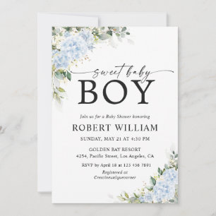 Invitation à la baby shower florale Hydrangea Bleu