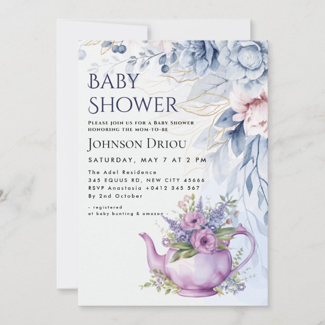 Invitation à la Baby Shower Florale Tea Party (Devant)