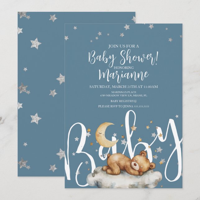 Invitation à la Baby Shower Garçon Ours Dormant (Devant / Derrière)