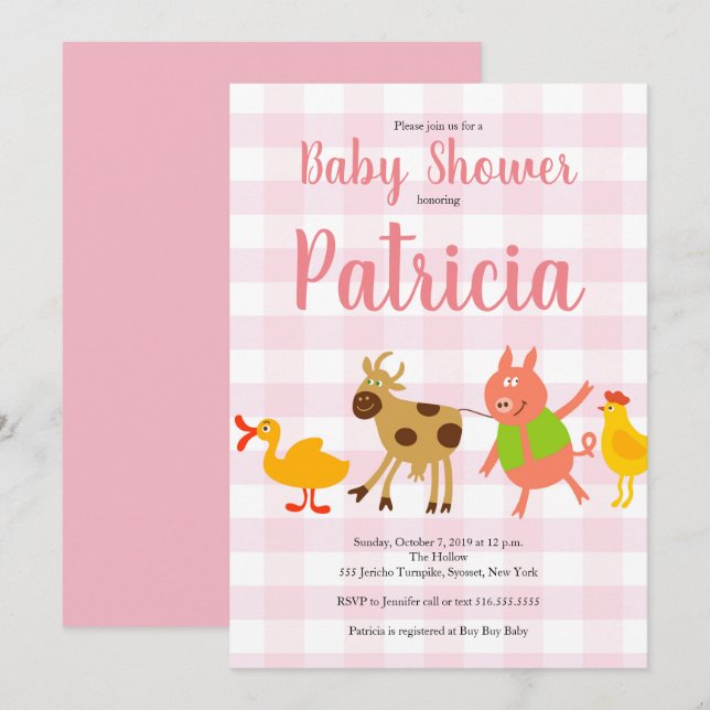 Invitation à la Baby Shower Gingham Ferme Animaux  (Devant / Derrière)