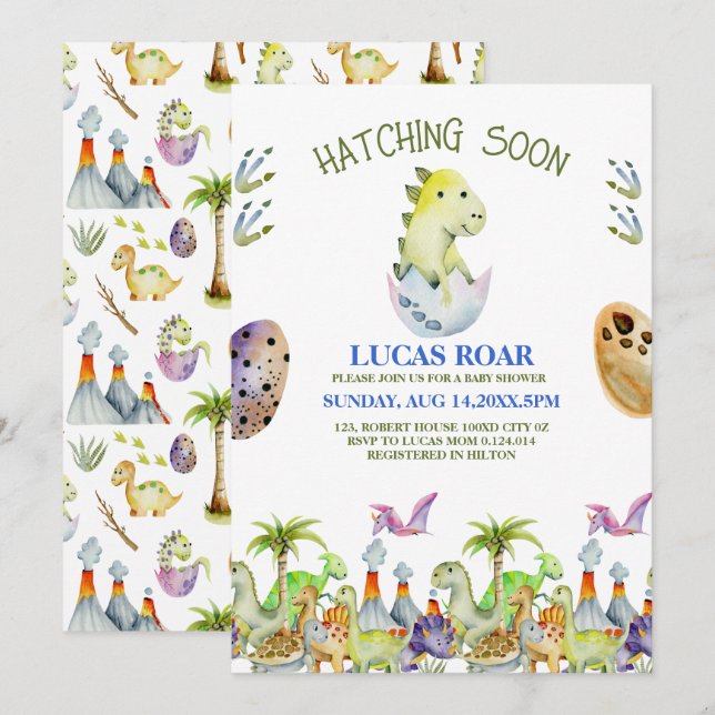 Invitation à la baby shower Hatching Soon roar (Devant / Derrière)