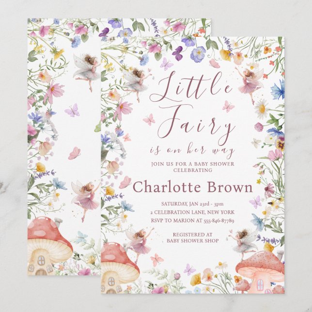 Invitation à la Baby Shower Jardin de Fées aux Fle (Devant / Derrière)