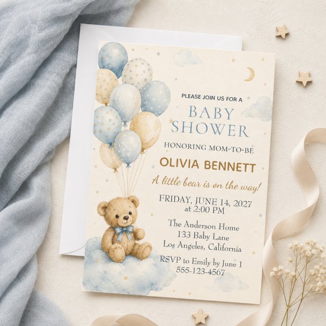 Invitation à la baby shower Little Bear Blue  (Little Bear Blue Baby Shower Invitation)