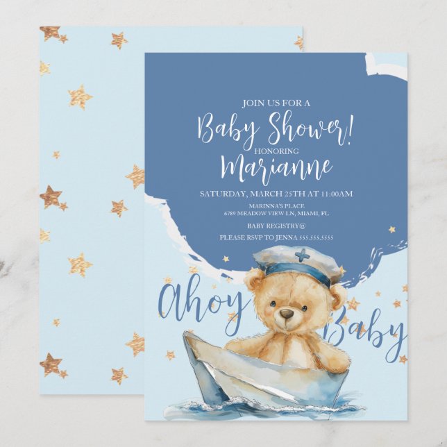 Invitation à la Baby Shower Marin Ours Garçon (Devant / Derrière)
