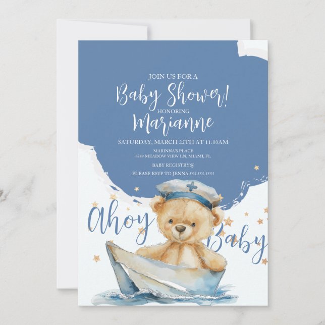 Invitation à la Baby Shower Marin Ours Garçon (Devant)