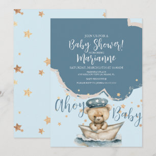 Invitation à la Baby Shower Marin Ours Garçon Étoi