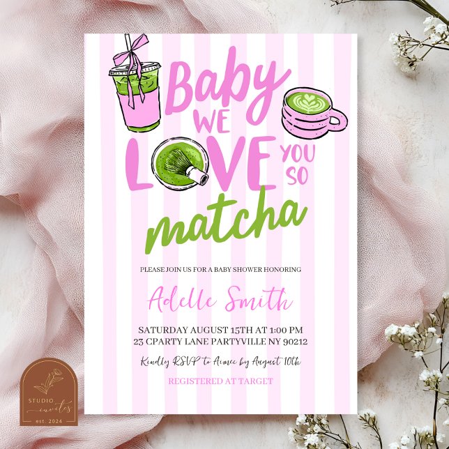 Invitation à la baby shower moderne au matcha avec (Créateur téléchargé)