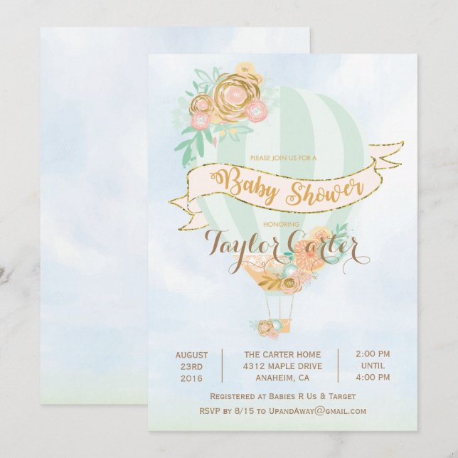 Invitation à la baby shower Montgolfière (Devant / Derrière)