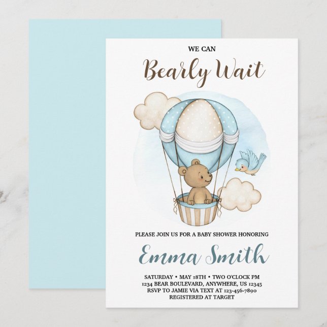 Invitation à la baby shower Montgolfière Ourson (Devant / Derrière)
