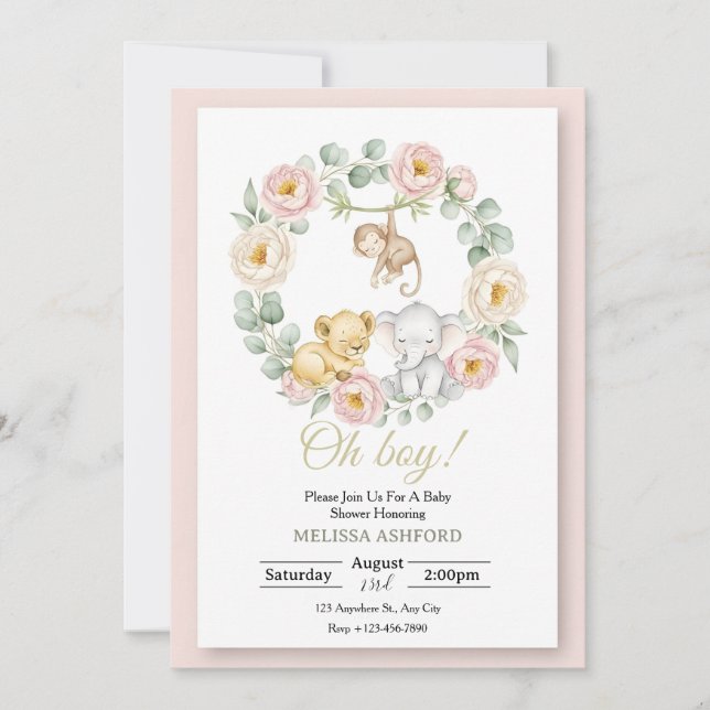 Invitation à la Baby Shower Oh Boy | Animaux de Sa (Devant)