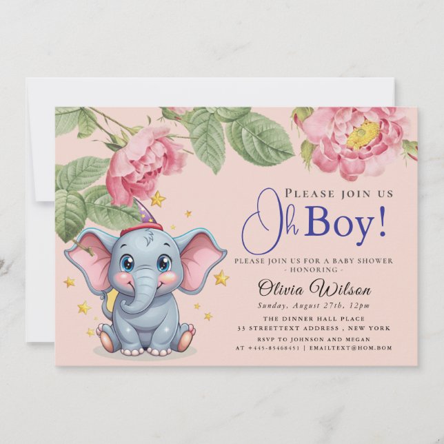 Invitation à la baby shower Oh Boy Elephant (Devant)