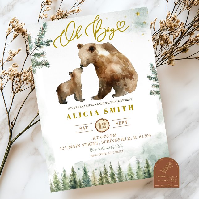 Invitation à la baby shower Oh Boy Forest Bear (Créateur téléchargé)