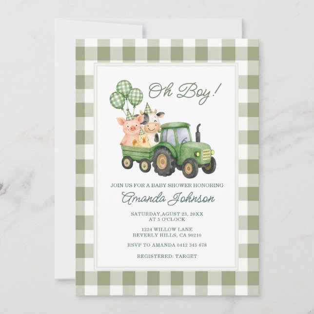 Invitation à la baby shower Oh Boy Green Tractor (Devant)