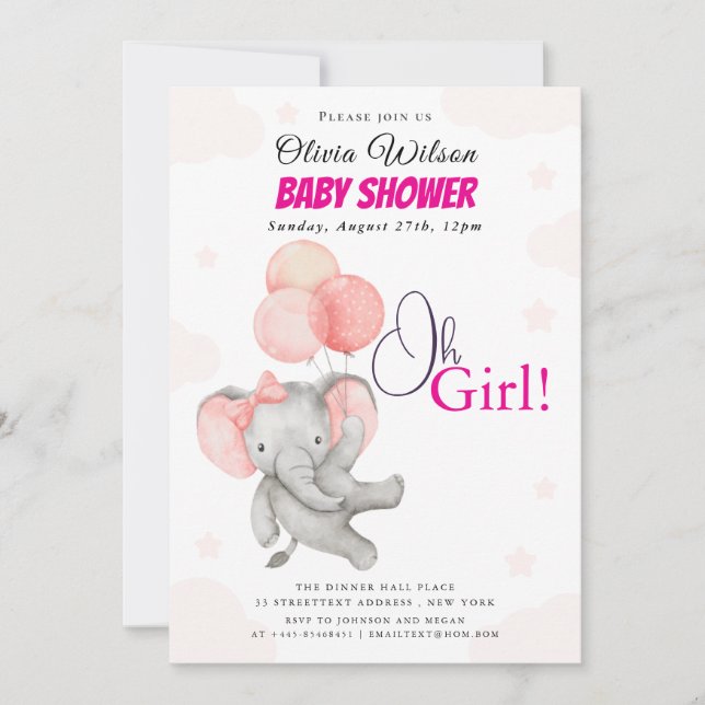 Invitation à la baby shower Oh Girl Elephant (Devant)
