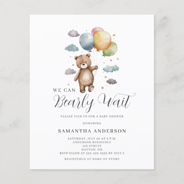 Invitation à la baby shower ours à petit budget Be (Devant)