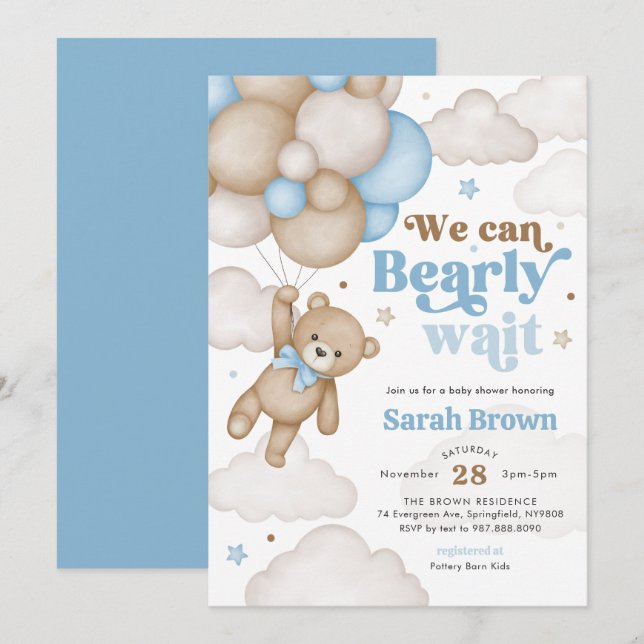Invitation à la baby shower ours bleu ballon (Devant / Derrière)