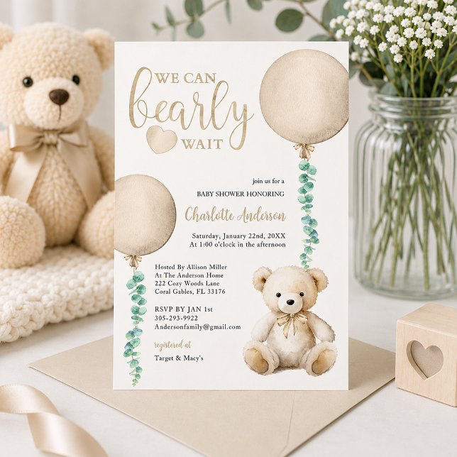 Invitation à la Baby Shower Ours Brun à Peine Atte (Baby shower invitation with soft elegance)