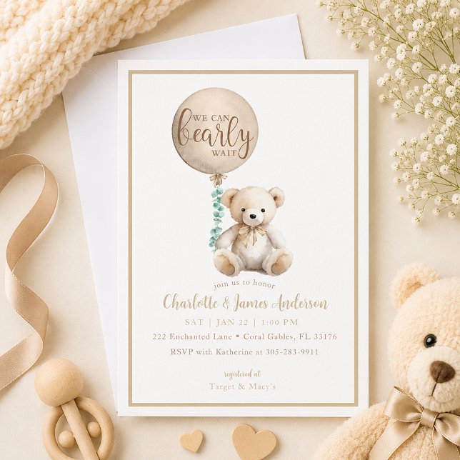 Invitation à la Baby Shower Ours Brun Bearly Wait (Neutral Baby shower invite with soft details)