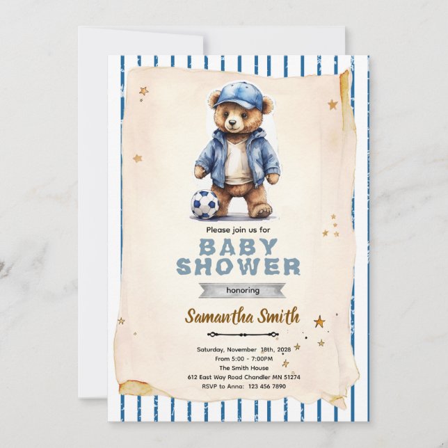 Invitation à la baby shower Ours de Football (Devant)