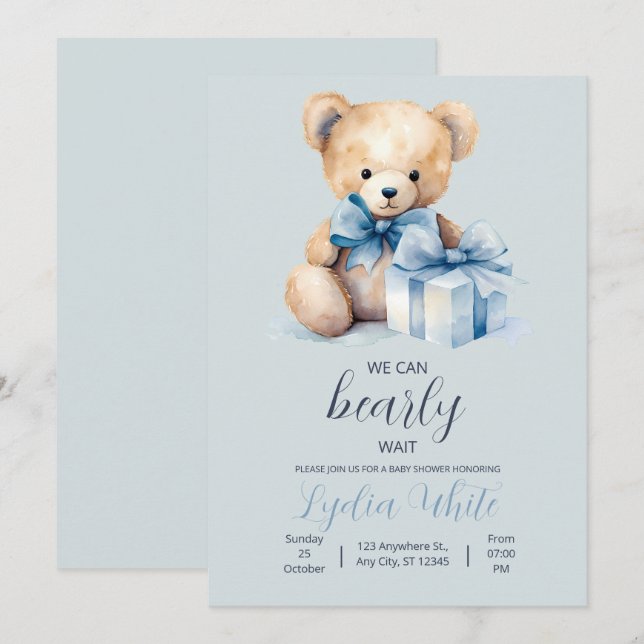 Invitation à la Baby Shower Ours en Peluche, Peut  (Devant / Derrière)