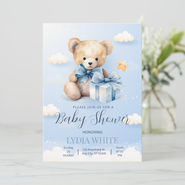 Invitation à la baby shower Ours en peluche Peut à (Debout devant)