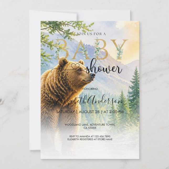 Invitation à la Baby Shower Ours Forêt Rustique (Devant)