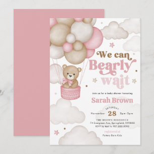 Invitation à la baby shower ours rose ballon