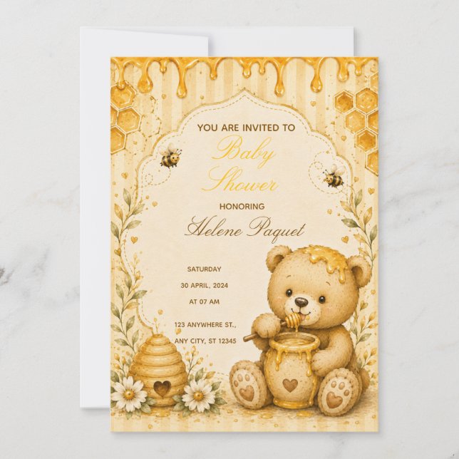 Invitation à la baby shower Ourson au Miel (Devant)