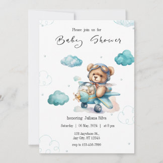 Invitation à la baby shower Ourson Bleu