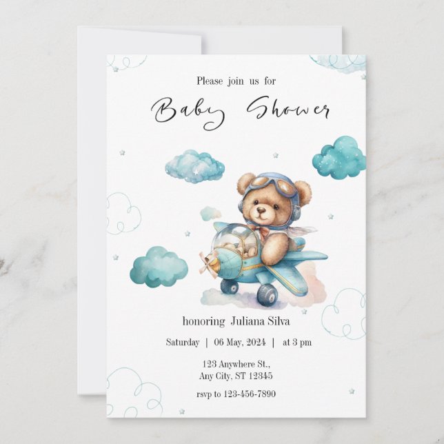 Invitation à la baby shower Ourson Bleu (Devant)