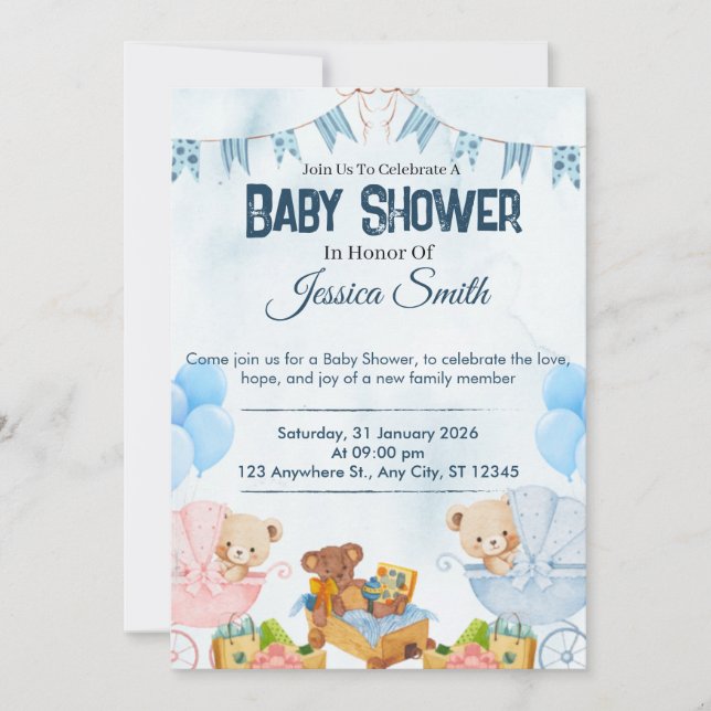Invitation à la baby shower Ourson Bleu (Devant)